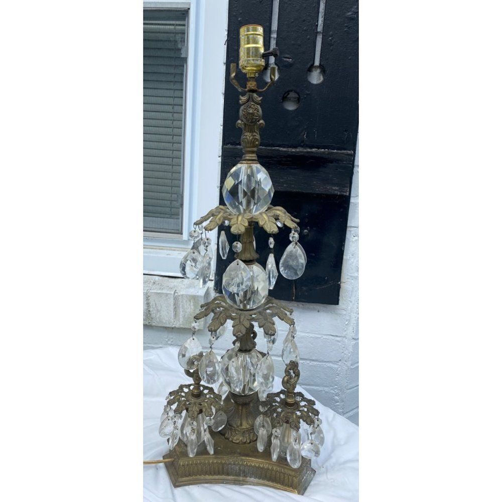 Antique Brass Table Boudoir with Crystal Prisms